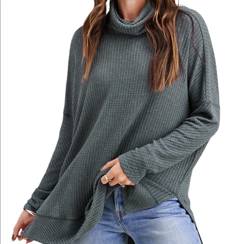 NEW Boutique Waffle Knit Cowl Neck Dolman Long-Sleeve Top Teal Size Medium